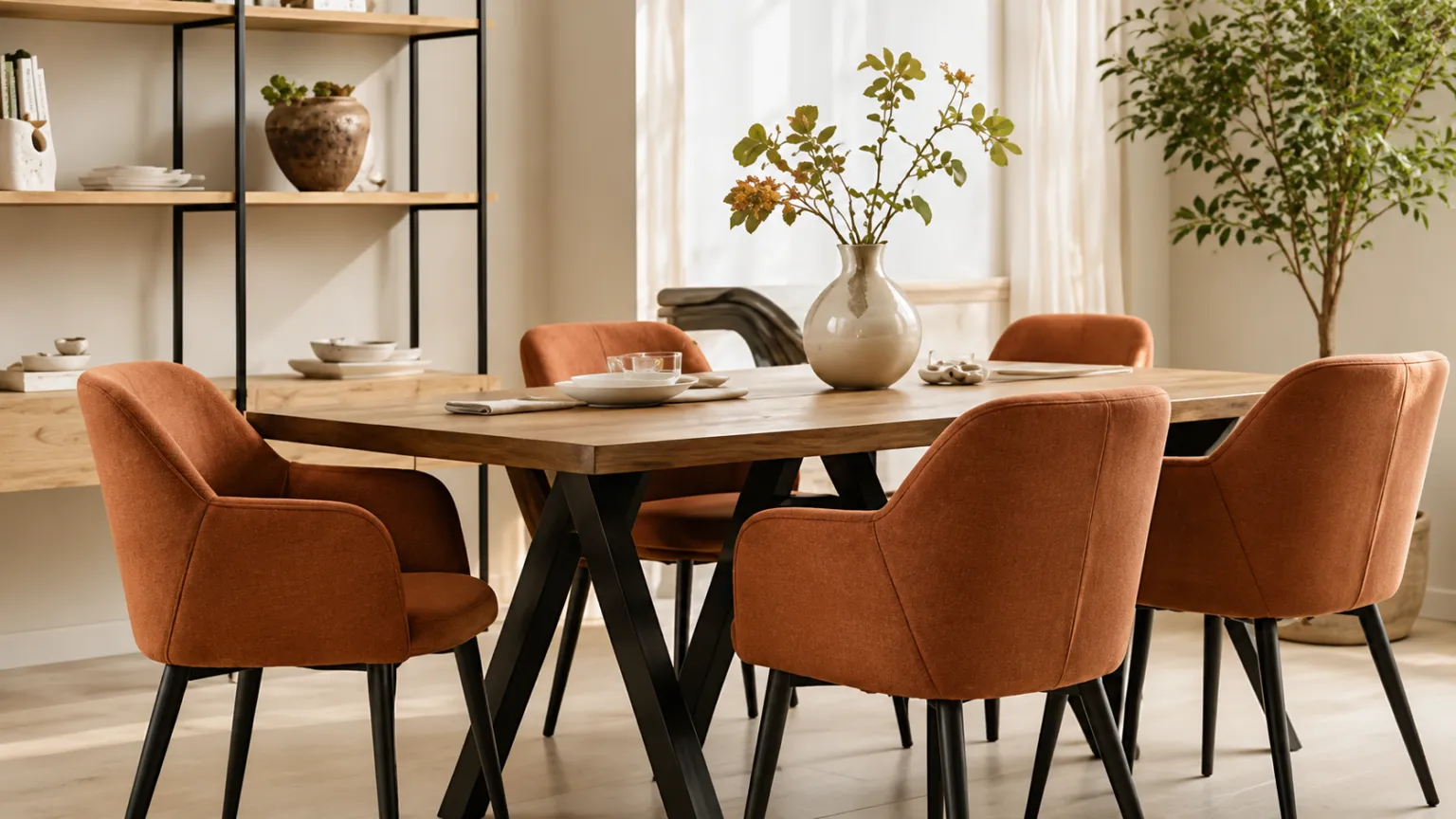 Roestkleurige eetstoelen rond een eikenhouten eettafel